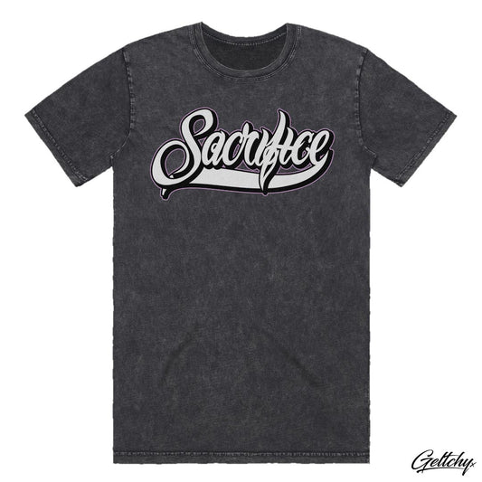 AUTHORITY - Mens Black Stone Wash Sacrifice Industries Script Logo T-Shirt makes a a bold and stylish statement. The regular fit and crew neck provide a comfortable and classic silhouette that suits any occasion.