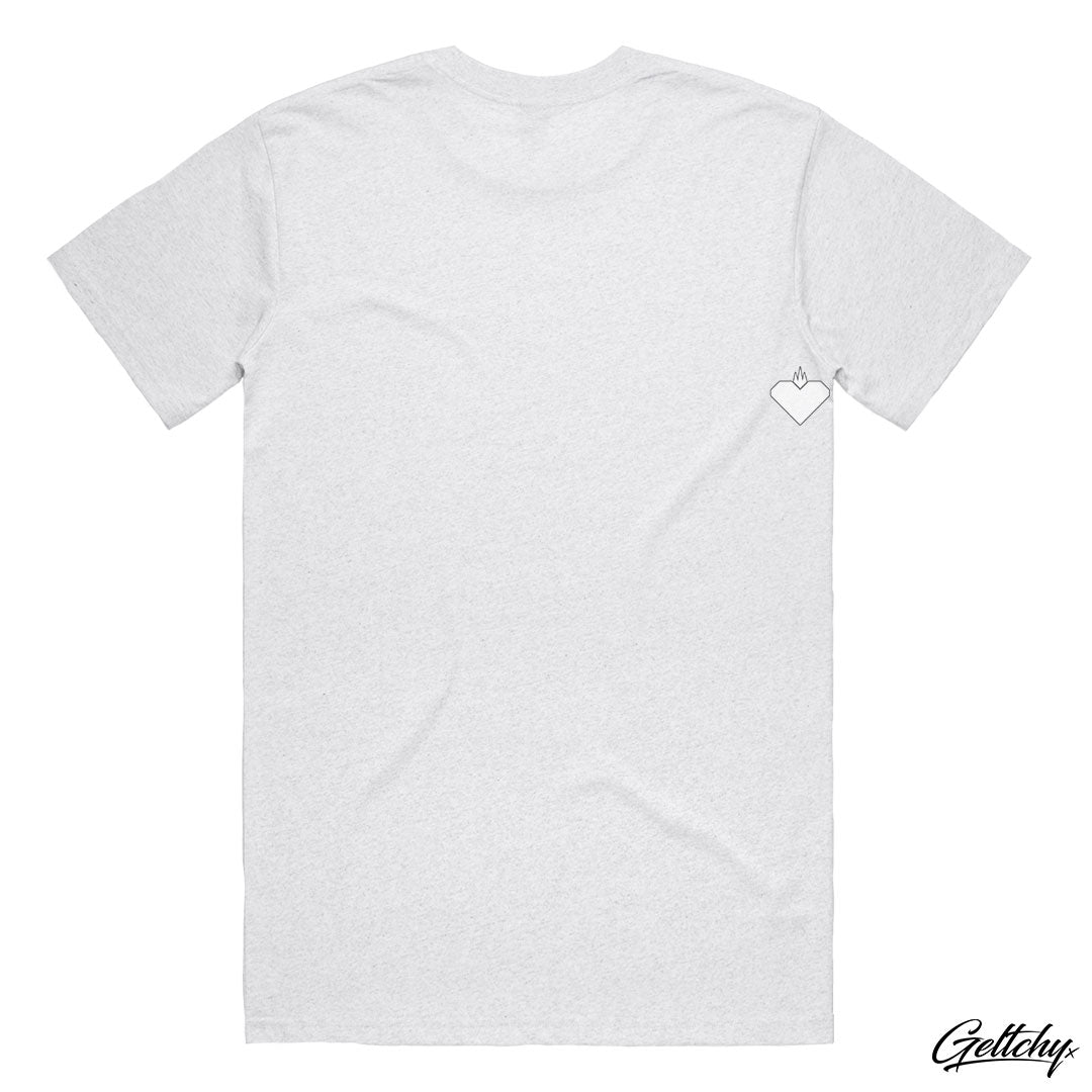 SACRIFICE Industries | AUTHORITY script logo t-shirt, white marle tee makes a bold statement with its clean and captivating design. The regular fit and crew neck offer a comfortable and timeless silhouette suitable for any occasion. Back View