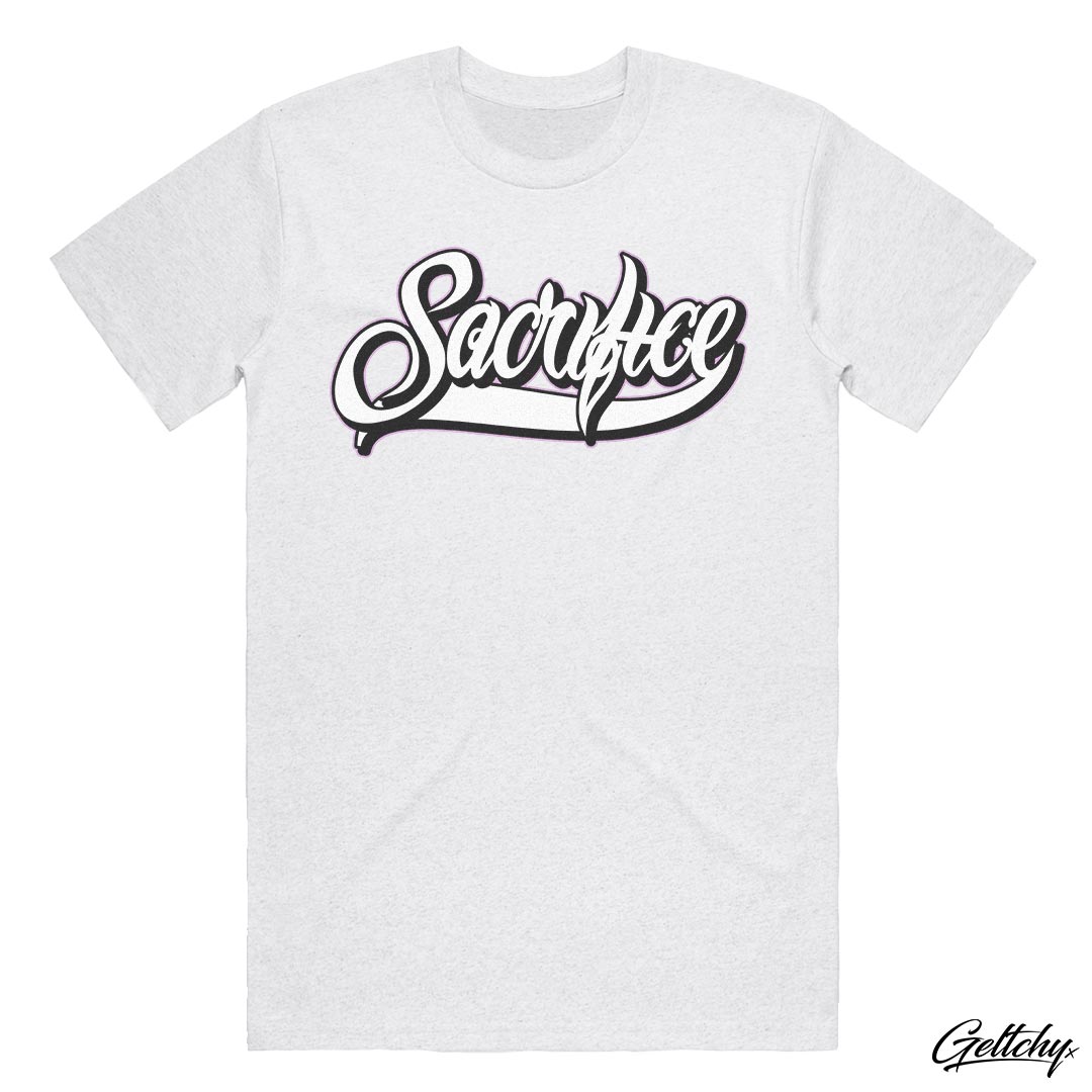 SACRIFICE Industries | AUTHORITY script logo t-shirt, white marle tee makes a bold statement with its clean and captivating design. The regular fit and crew neck offer a comfortable and timeless silhouette suitable for any occasion.