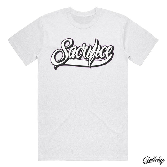 SACRIFICE Industries | AUTHORITY script logo t-shirt, white marle tee makes a bold statement with its clean and captivating design. The regular fit and crew neck offer a comfortable and timeless silhouette suitable for any occasion.