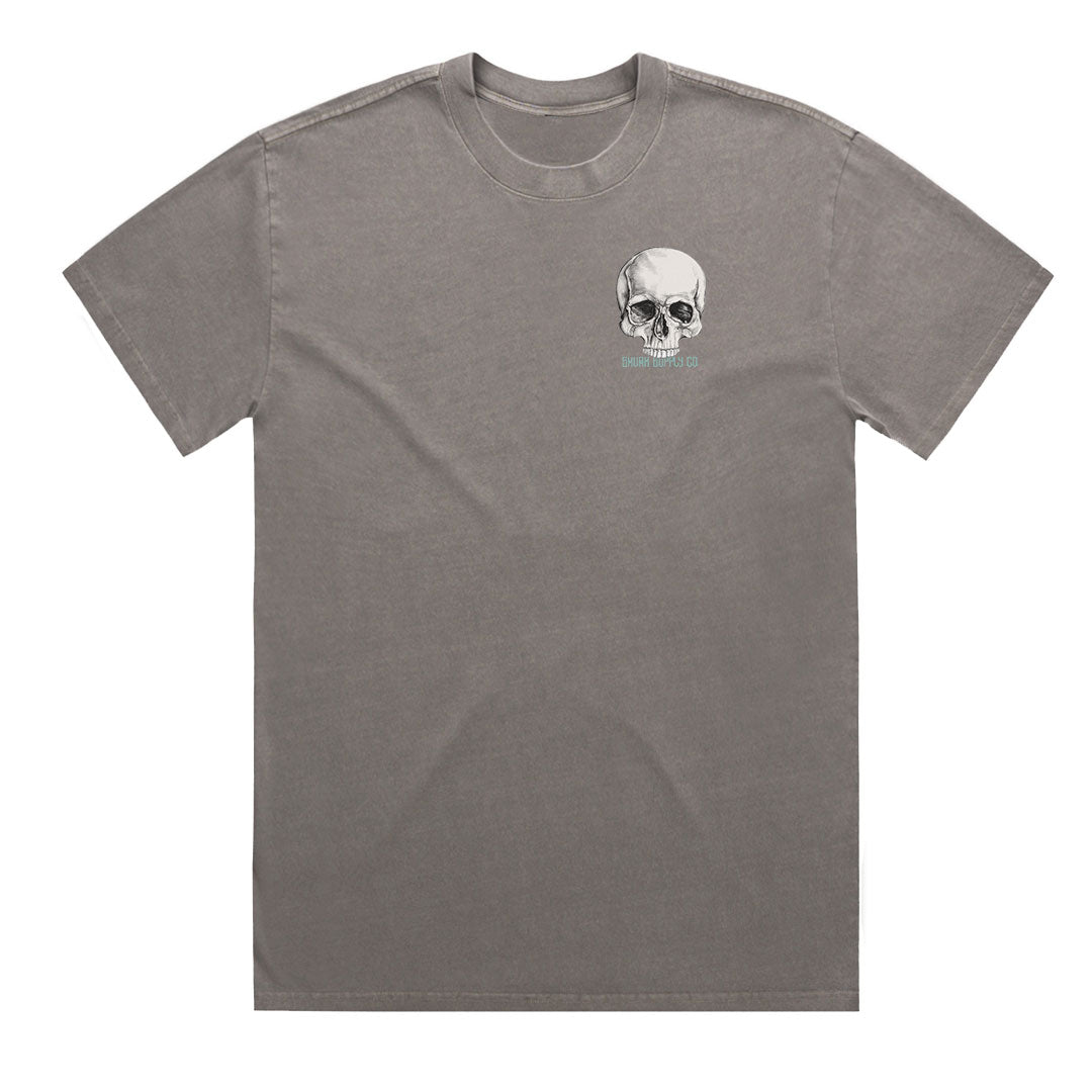 Geltchy | BAD DECISIONS Make Good Stories" Faded Grey Skull Graphic Tee by SMVRK