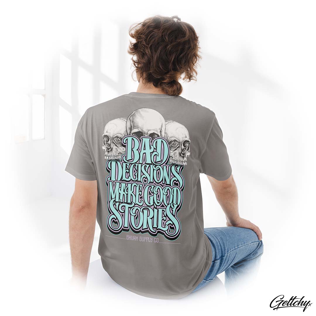 BAD DECISIONS Make Good Stories Faded Grey T-Shirt by SMVRK Supply Co