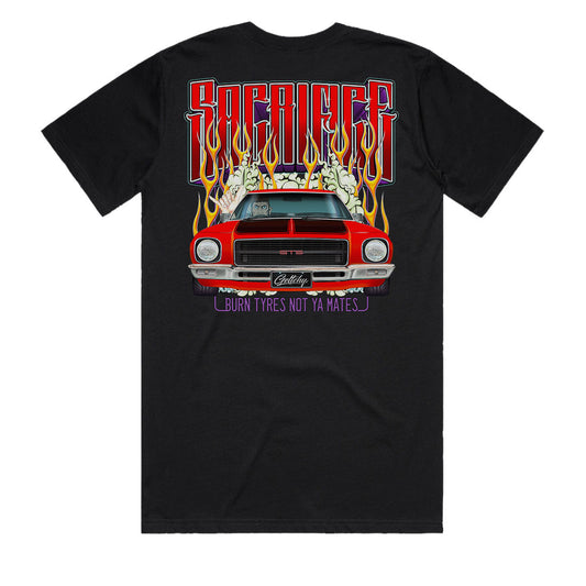 BURNOUT Red HQ Holden GTS Black Men's T-Shirt by SACRIFICE Industries Clothing