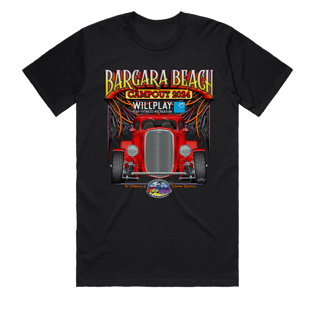 Official Rum City Rods and Customs Bargara Beach Campout 2024 Men's Black T-Shirt by Geltchy