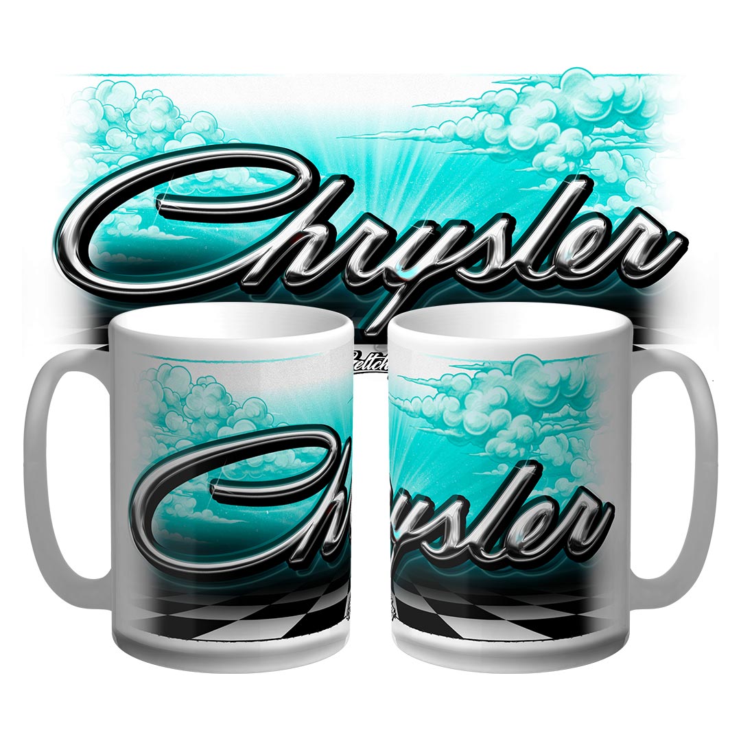 Chrysler script badge mug 15oz with hand-illustrated chrome badge on teal clouds, Australian made