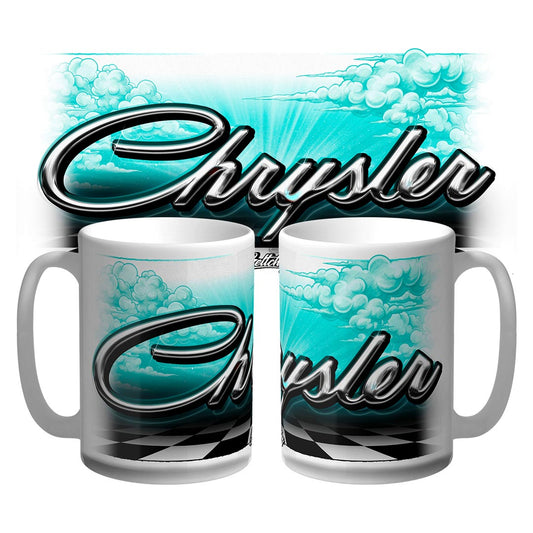 Chrysler script badge mug 15oz with hand-illustrated chrome badge on teal clouds, Australian made