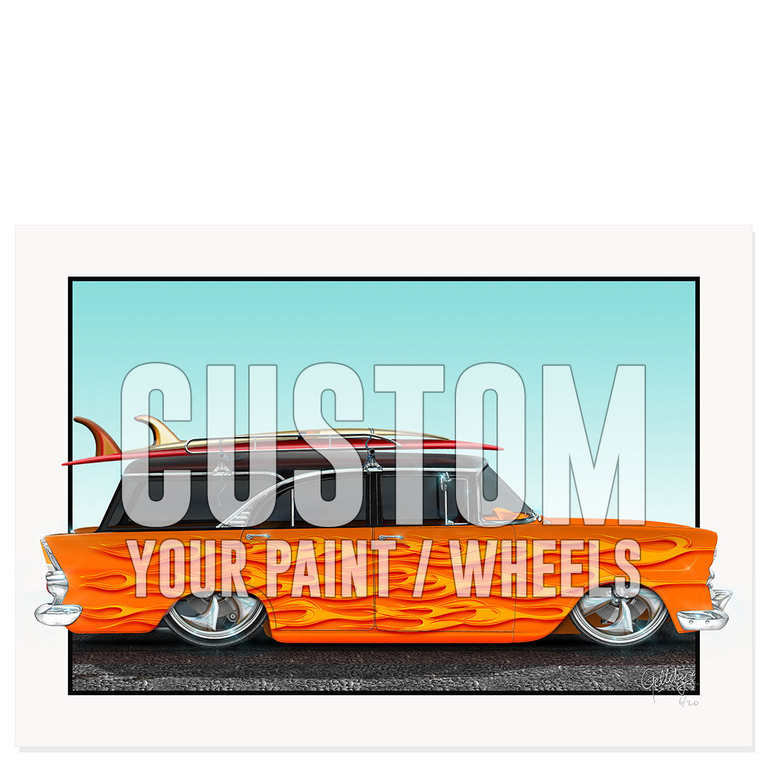 Custom EK Holden 1962 Wagon fine art print with personalised paint colour and wheels, bespoke Australian hot rod artwork by Mark Geltch, man cave wall art