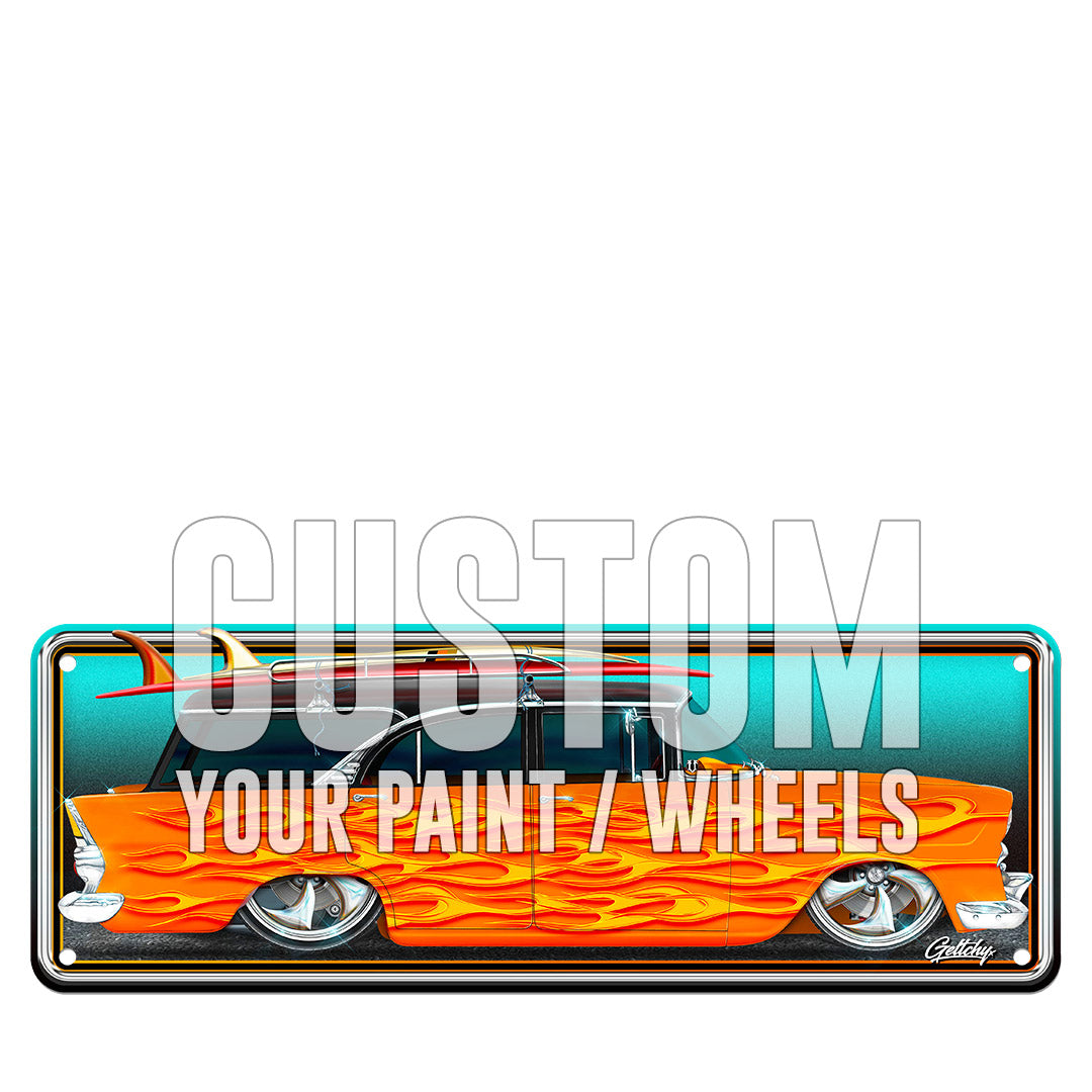 Custom personalized EK Holden 1962 wagon number plate with your paint and wheels, orange flame hot rod design, Australian-made aluminium sign by Mark Geltch