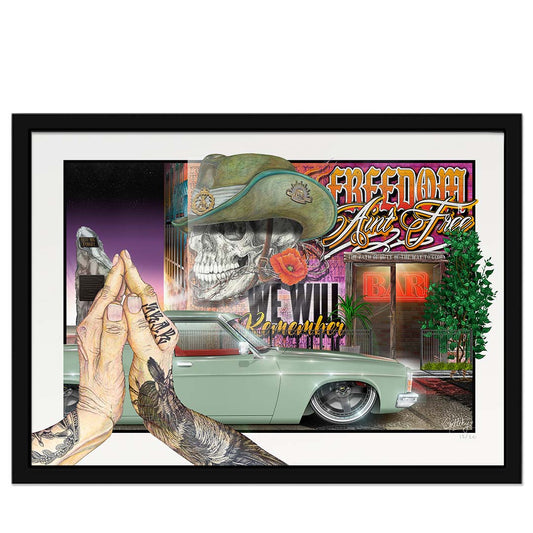 Geltchy | DAWN SERVICE Australiana Anzac Art Returned Serviceman Skull Freedom Ain't Free Art Graffiti Framed Artwork