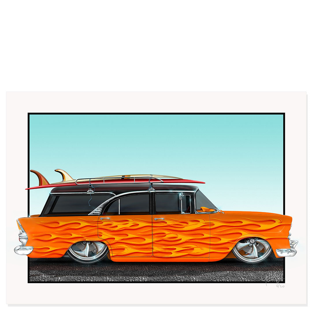 EK Holden Custom 1962 Wagon limited edition fine art print with orange flame graphics and surfboards, Australian hot rod wall art by Mark Geltch for man cave decor
