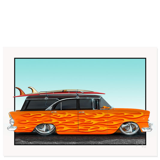 EK Holden Custom 1962 Wagon limited edition fine art print with orange flame graphics and surfboards, Australian hot rod wall art by Mark Geltch for man cave decor