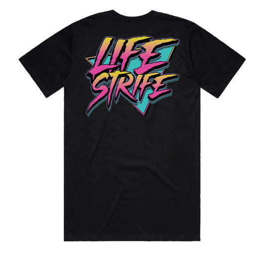 ELECTRIC Premium Neon Logo Black T-Shirt by Life Strife featuring neon blue and fluoro pink 80s retro punk skate design, Australian made streetwear