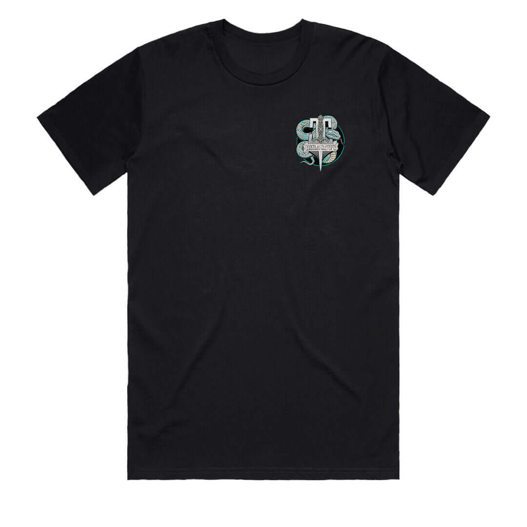 Front view of Snake Tattoo Tee men’s neo traditional black t-shirt – hand-drawn Australian streetwear by Geltchy, Cooltown Customs