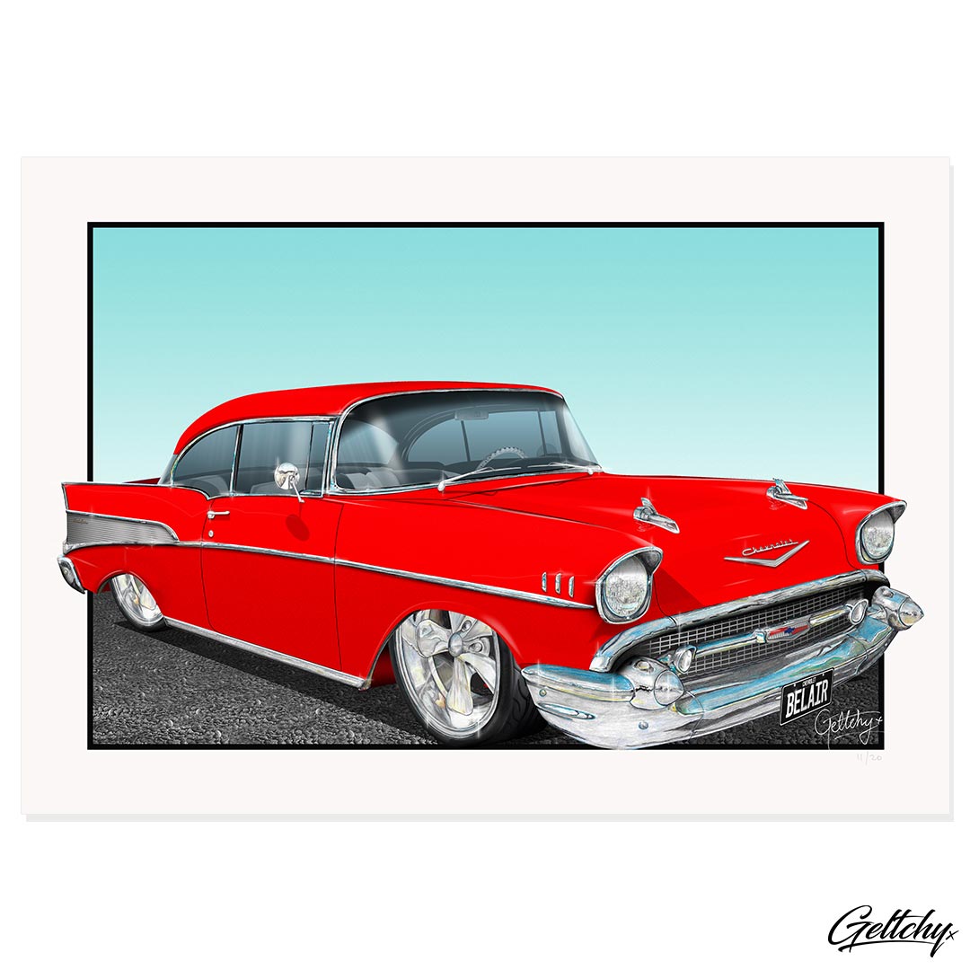 Geltchy | 1957 Chevrolet Bel Air Red Street Machine Illustrated Drawing Fine Art Prints Car Artwork For Sale