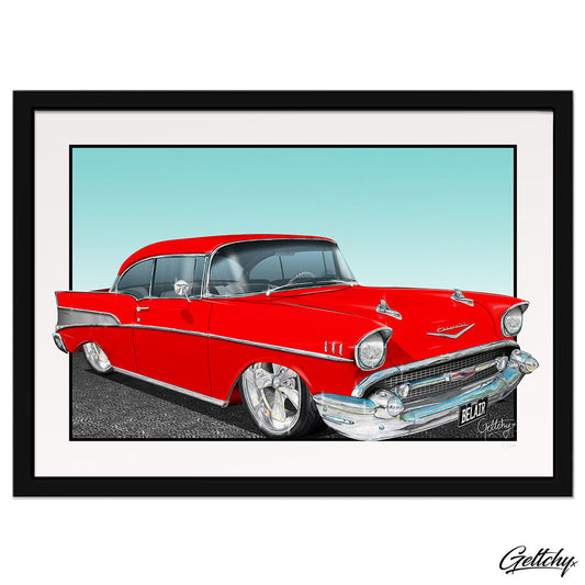 Geltchy 1957 Chevrolet Bel Air Red Street Machine Illustrated Drawing Fine Art Prints Framed Artwork For Sale
