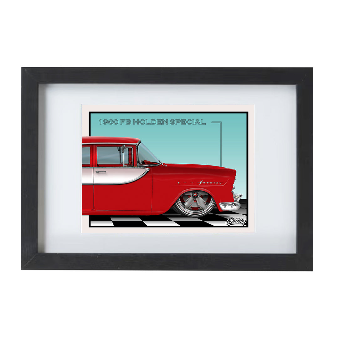 Geltchy | 1960 FB HOLDEN Special Apache Red Slammed Street Machine Auto Art Illustrated Framed Photo Card