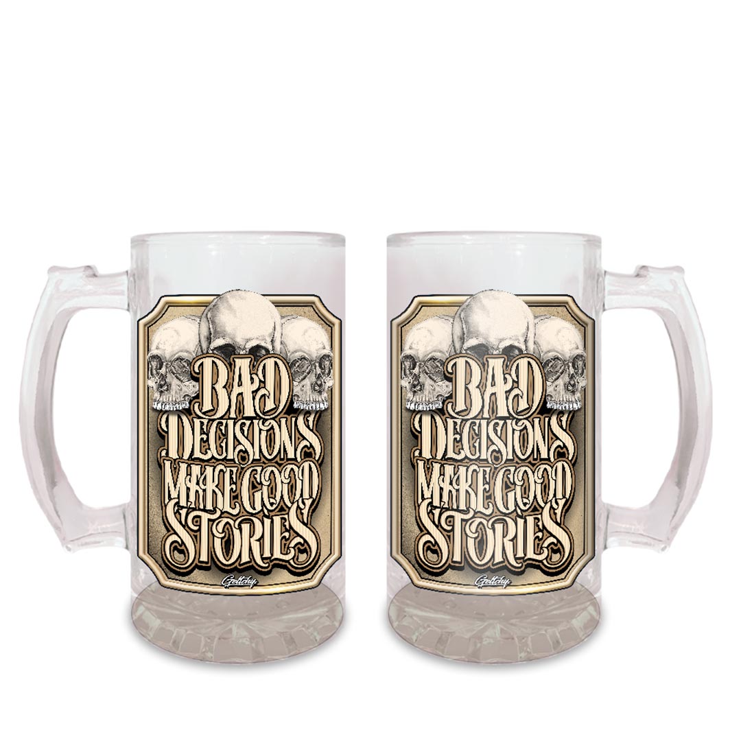 Geltchy | "BAD DECISIONS Make Good Stories" Old School Skull Typography Lettering 16oz Beer Mug Stein
