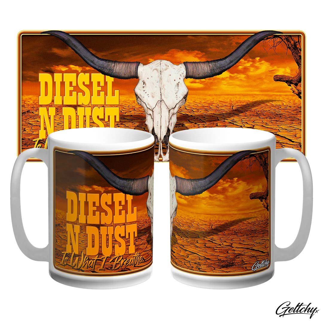 Geltchy | DIESEL N' DUST - Australian Outback Illustrated Cow Skull Home Decor Large 15oz Unique Coffee Mug designed and made in Australia