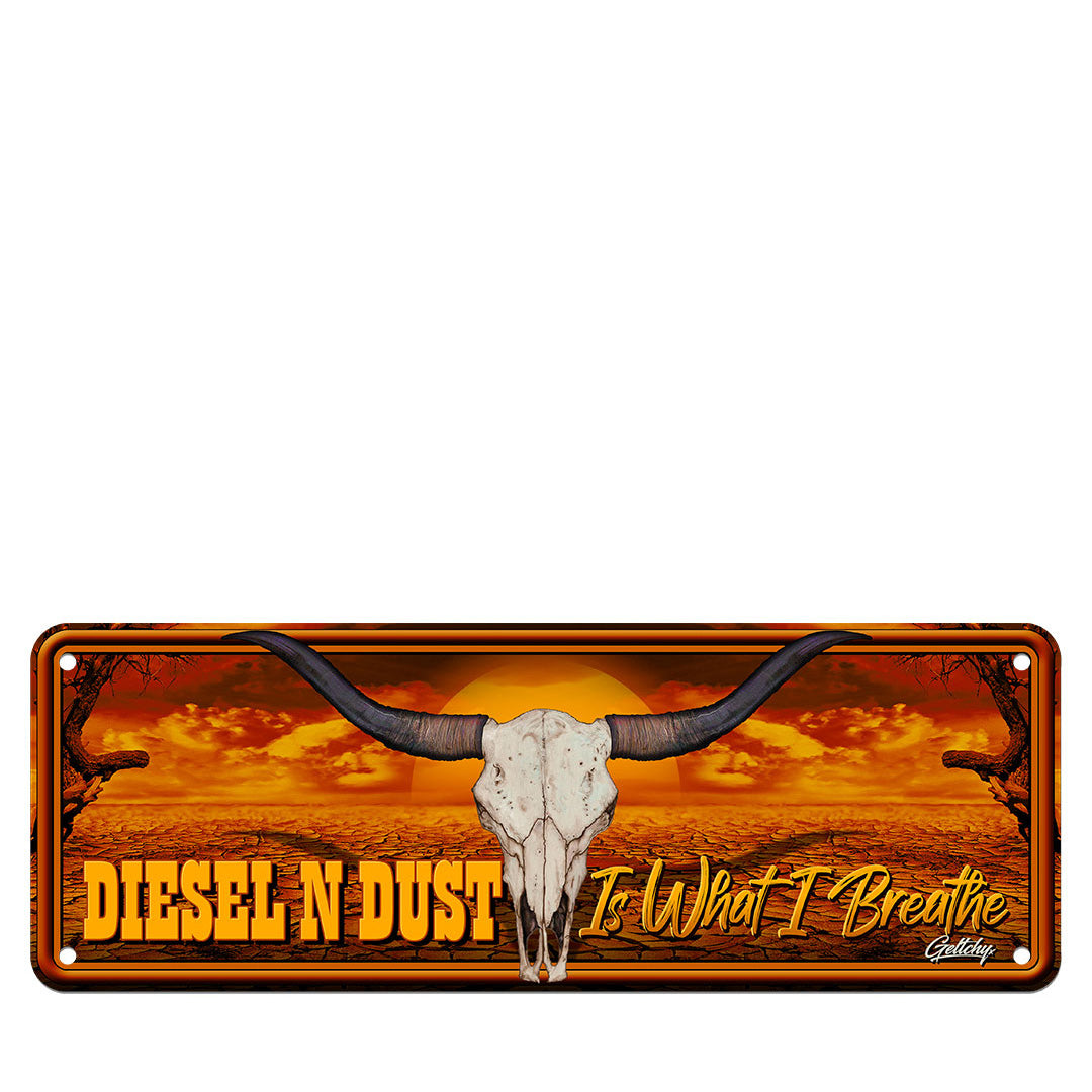 Geltchy | DIESEL N' DUST - Drought Cow Skull Aussie Number Plate Man Cave Sign