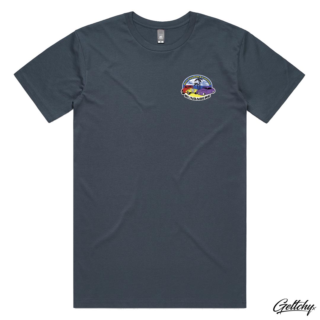 Geltchy | Dress in style and comfort with this Men's Bargara Beach Campout 2023 T-Shirt in Petrol Blue - Front Detail