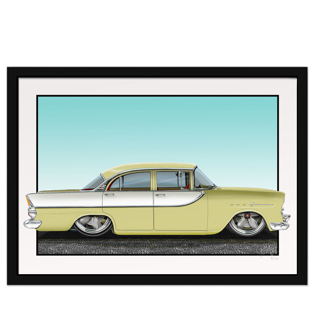 Geltchy | FB HOLDEN Special Slammed 1961 GMH Sedan Satellite Yellow Street Machine Illustrated Framed Man Cave Auto Artwork