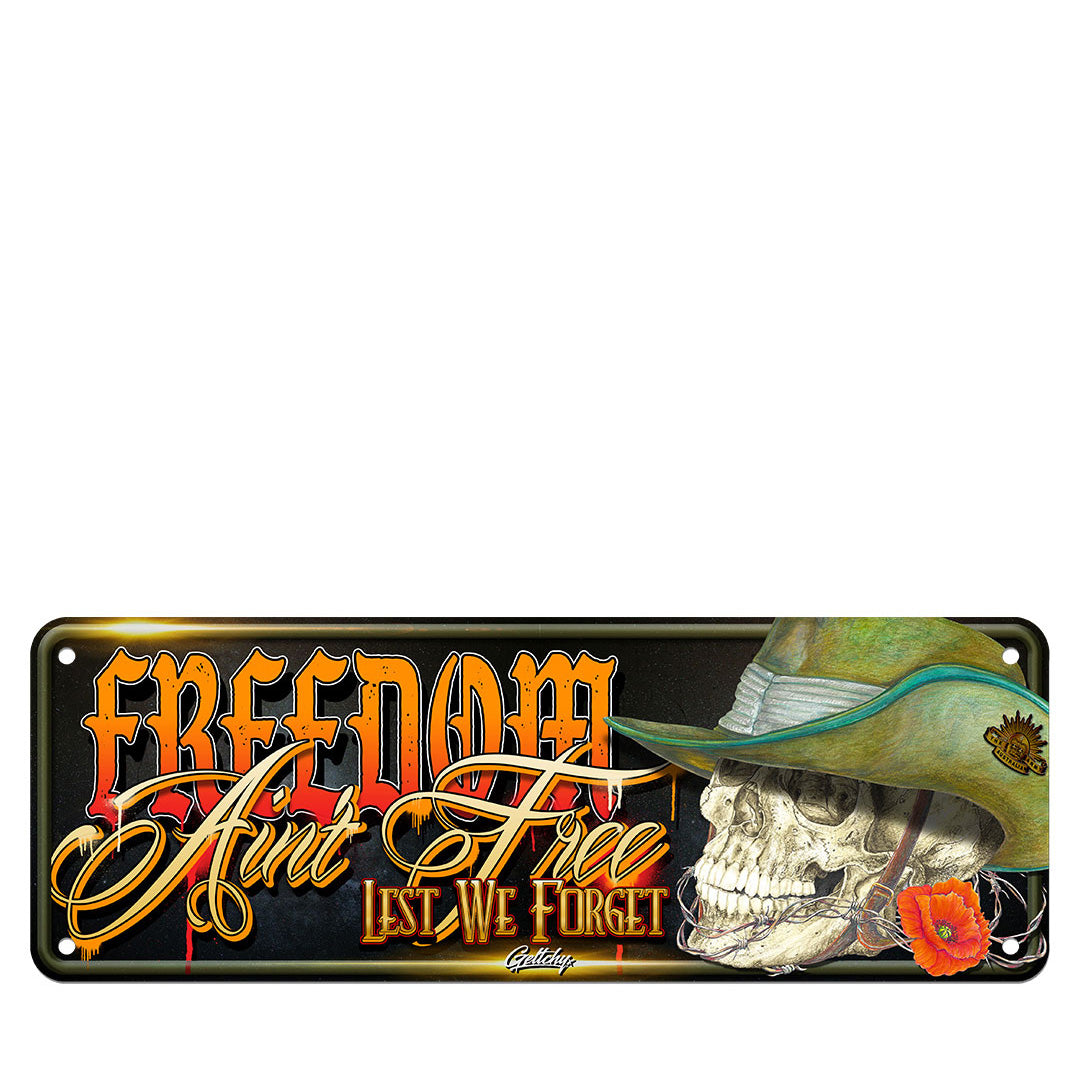 Geltchy | "FREEDOM Ain't Free ANZAC Digger Skull Aussie Number Plate" – a striking addition to your space that pays homage to Australian Defence Force Service Men and Women, Past and Present