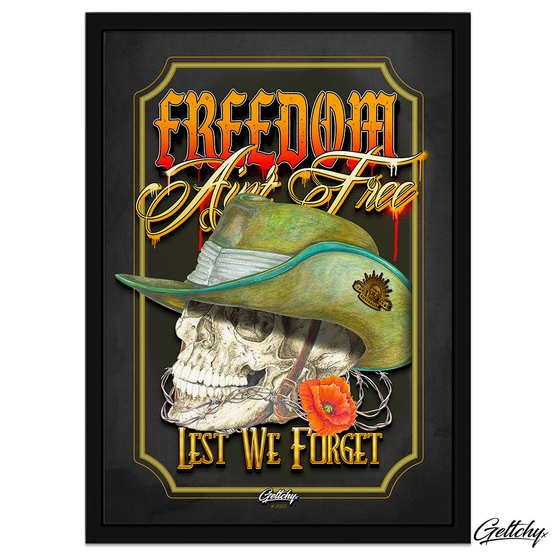 Geltchy | Freedom Ain't Free ANZAC Digger Skull Framed Vintage Poster Print pays tribute to the spirit of the ANZAC Diggers blending vintage aesthetics with powerful symbolism