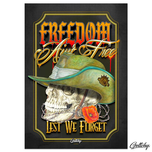 Geltchy | Freedom Ain't Free ANZAC Digger Skull Vintage Poster Print pays tribute to the spirit of the ANZAC Diggers blending vintage aesthetics with powerful symbolism