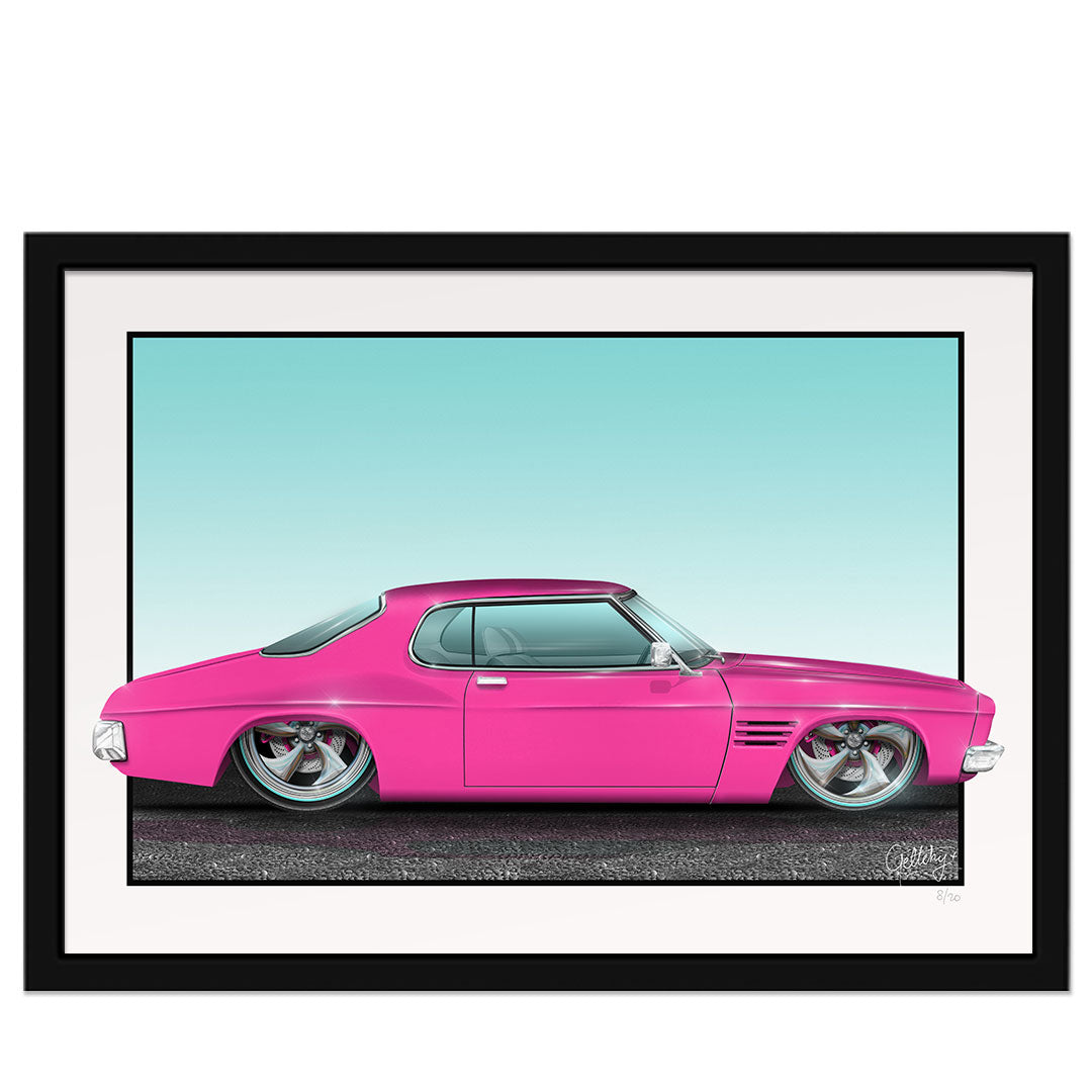 Geltchy | HQ GTS Monaro Holden Street Machine Auto Art Man Cave Framed Print in Pink