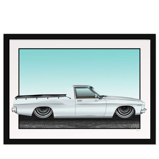 Geltchy | HQ Holden Belmont Glacier White Ute with Chestnut Interior, meticulously captured in this stunning Auto Art Framed Man Cave Artwork