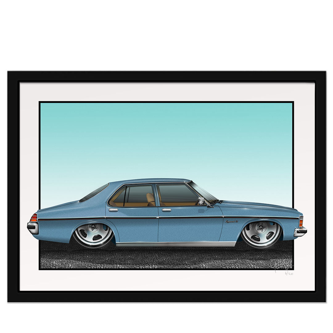 Geltchy | HOLDEN HZ Kingswood SL Atlantis Blue Street Machine Auto Art Framed Man Cave Print