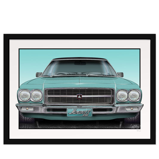 Geltchy | Holden HQ Monaro LS Front View Framed Auto Art Print Man Cave Artwork in Taormina Blue
