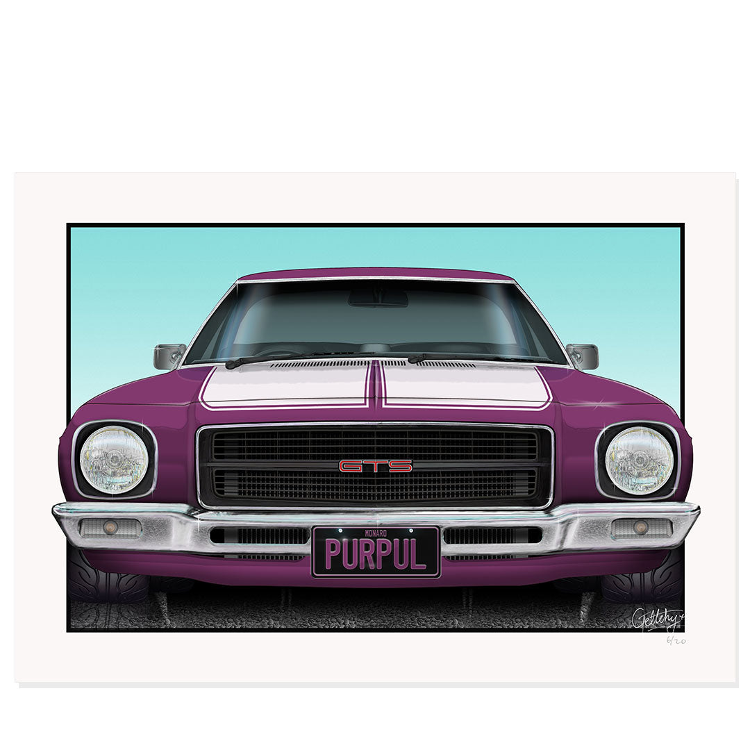 Geltchy | Holden HQ Monaro GTS Front View Auto Art Limited Edition Print Man Cave Artwork in Purr Pull