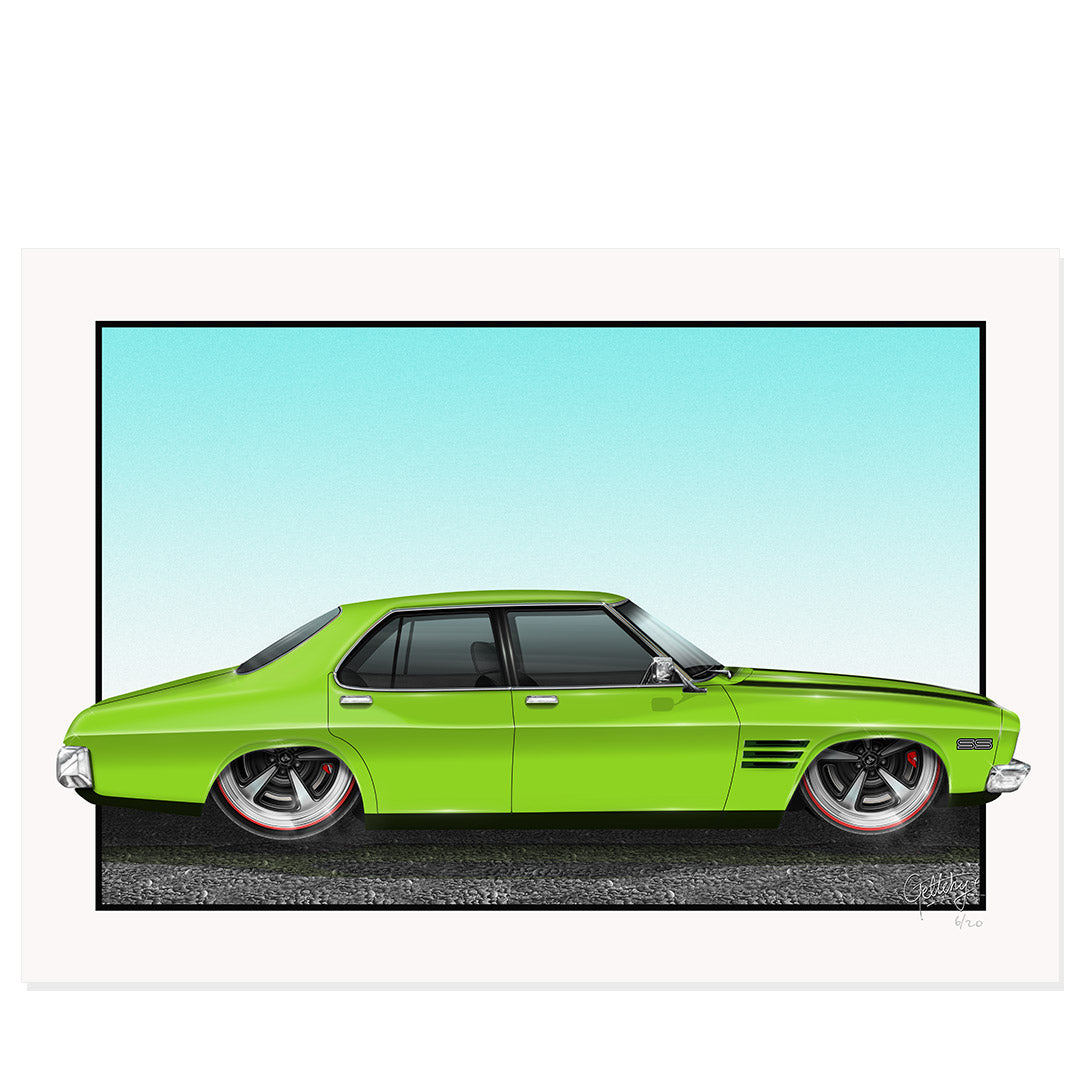 Geltchy | Holden HQ SS Slammed Lettuce Alone Green Sedan on large GTS Rims Auto Art Man Cave Artwork Limited Edition Fine Art Print