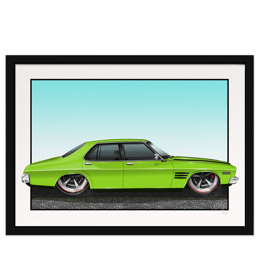 Geltchy | Holden HQ SS Lettuce Alone Green Sedan Auto Art Man Cave Framed Artwork