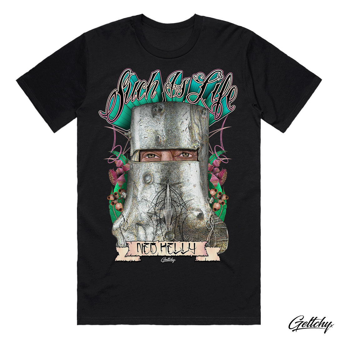Geltchy | "Such Is Life Men's T-Shirt with Ned Kelly Print" – a tribute to the iconic outlaw, Ned Kelly, who left an indelible mark on Australian history and folklore