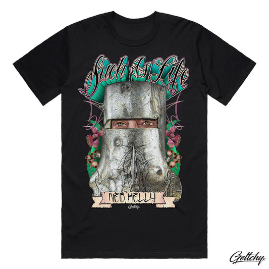 Geltchy | "Such Is Life Men's T-Shirt with Ned Kelly Print" – a tribute to the iconic outlaw, Ned Kelly, who left an indelible mark on Australian history and folklore