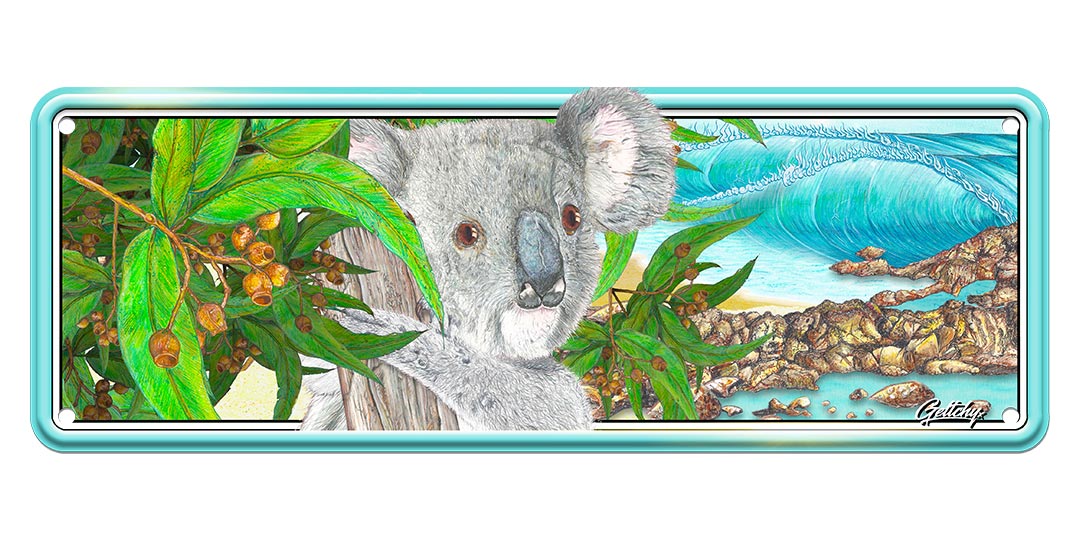 Geltchy | KOALA BEACH Aussie Number Plate Coastal Lifestyle Home Decor Tin Sign, a stunning piece of artwork illustrated by the talented Mark Geltch