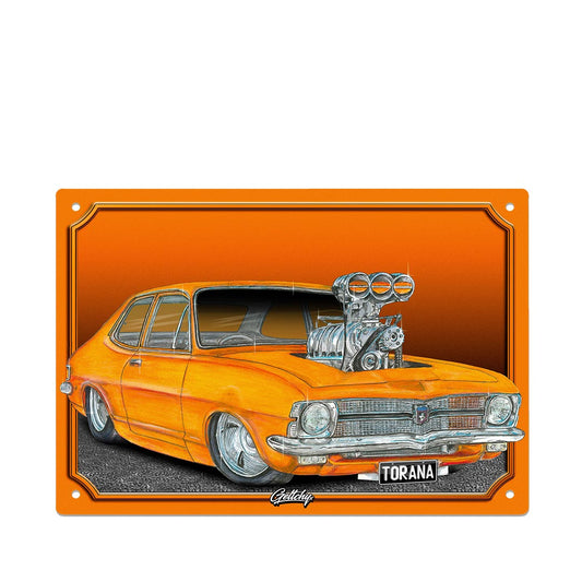 Geltchy | LC TORANA Holden Sebring Orange Supercharged Blown Street Machine Aussie Lowbrow Illustrated Car Aluminium Tin Sign Giftware