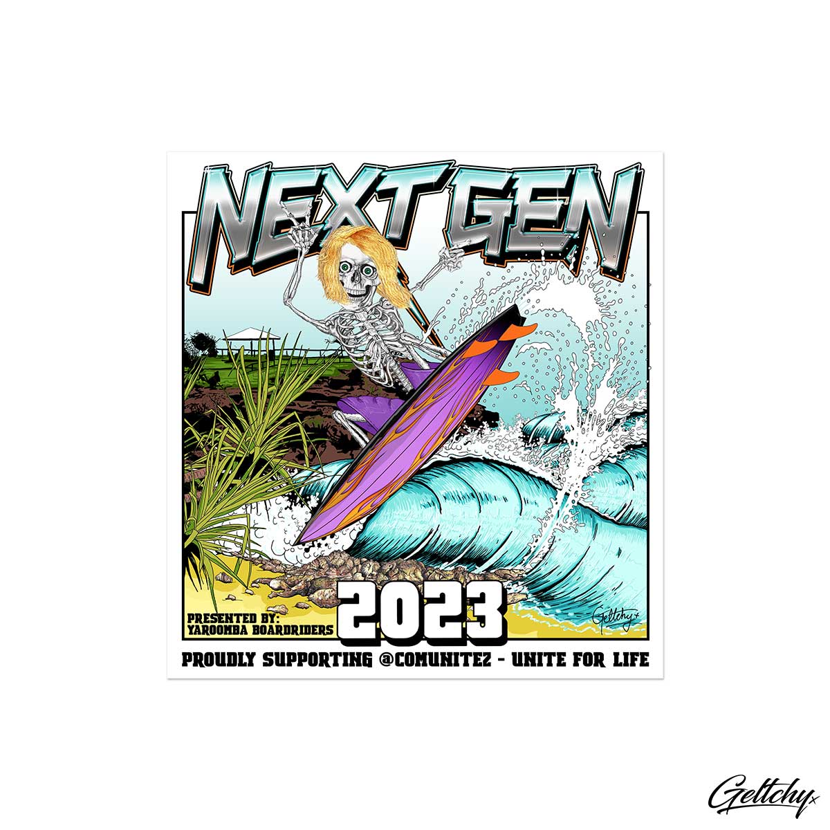 Geltchy | NEXT GEN 2023 Junior Surf Challenge QLD - Stickers the Yaroomba Boardriders official event sticker that embodies the thrill of surfing culture