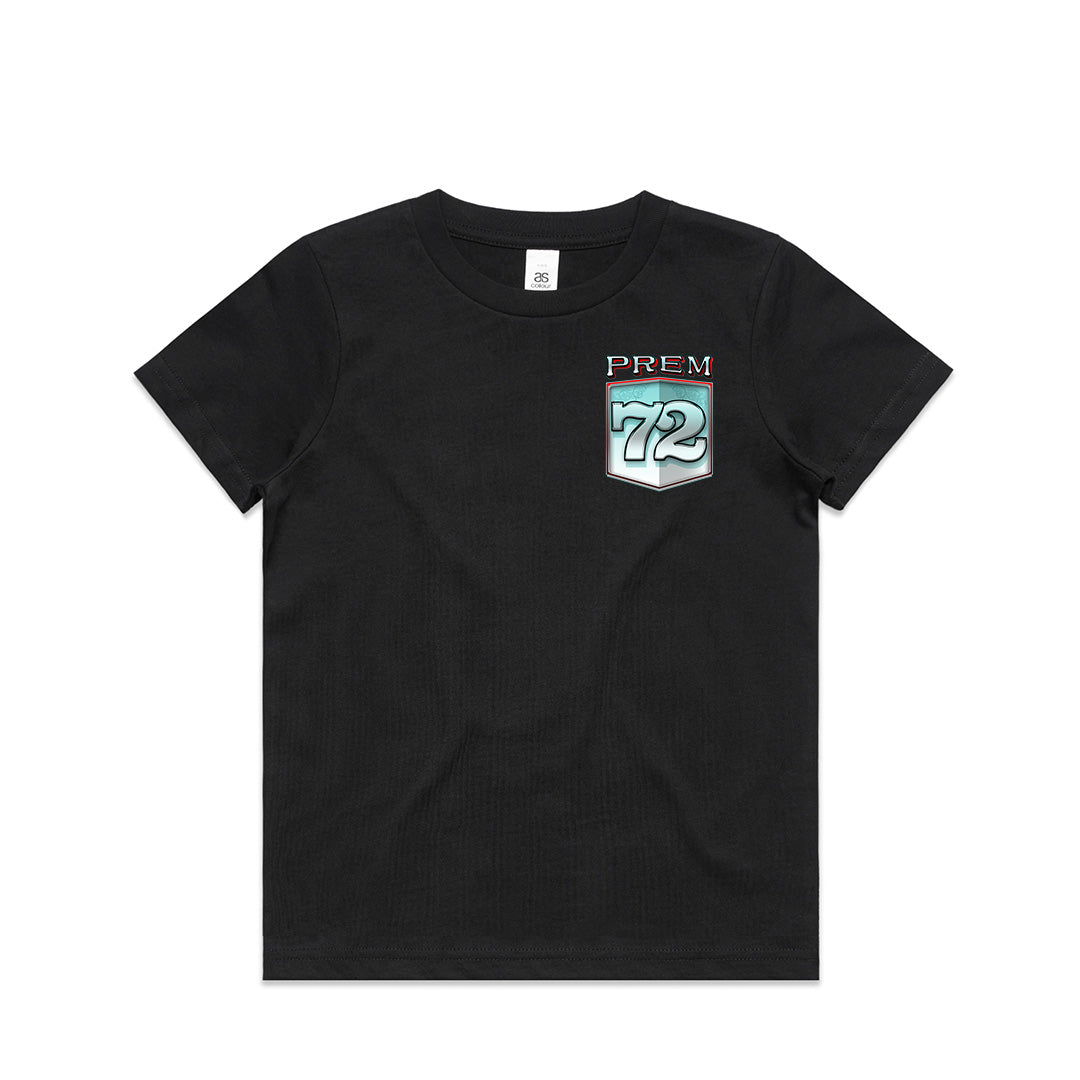 Geltchy | PREM 72 Black Kids/Youth Holden HQ Premier T-Shirt – a stylish homage to automotive excellence and timeless design tailored specifically for young enthusiasts