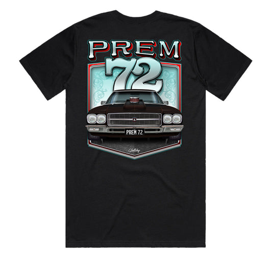 Geltchy | PREM 72 Black Mens Holden HQ Premier T-Shirt, a tribute to automotive excellence and timeless style