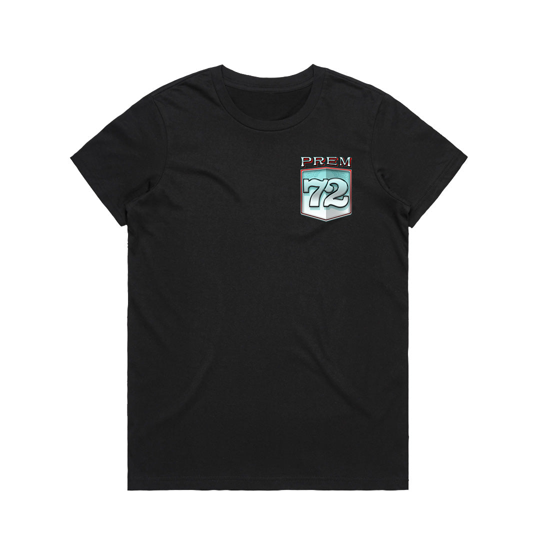 Geltchy | PREM 72 Black Women's Holden HQ Premier T-Shirt – a stylish nod to automotive excellence tailored specifically for the female car enthusiast