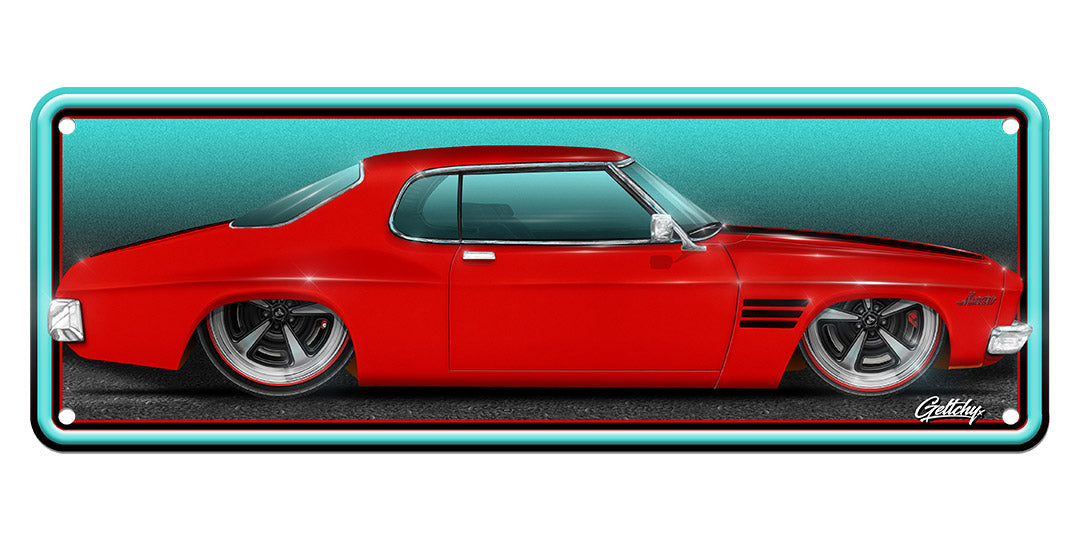 Geltchy | Salamanca Red Holden HQ GTS Monaro Number Plate – a piece of automotive art that captures the essence of Aussie muscle car culture