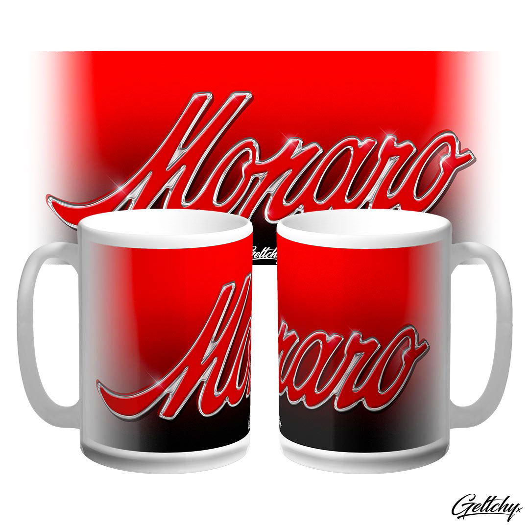 Geltchy | RED HOLDEN Monaro Badge Large 15oz Porcelain Coffee Mug – a true masterpiece for Holden Monaro enthusiasts and admirers of automotive greatness!
