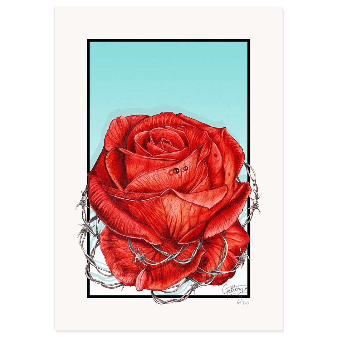 Geltchy | Red Rose Tattoo Hyper Realistic Hand Drawn Artwork Limited Edition Fine Art Print