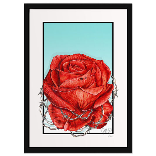 Geltchy | Red Rose Tattoo Hyper Realistic Hand Drawn Artwork Limited Edition Framed Fine Art Print