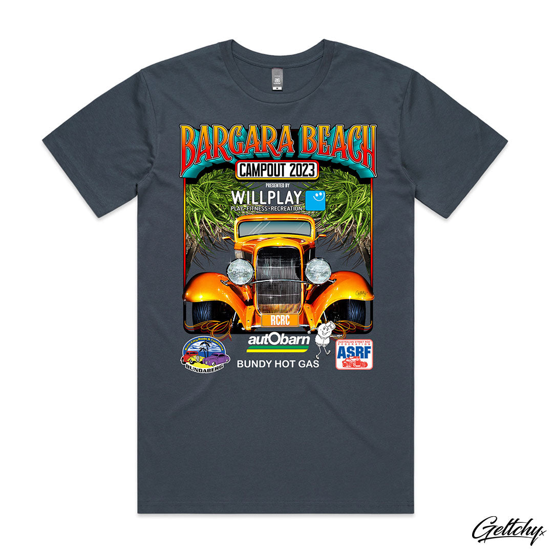 Geltchy | Rum City Rods and Customs Bundaberg Official Bargara Beach Campout 2023 T-Shirt in Petrol Blue