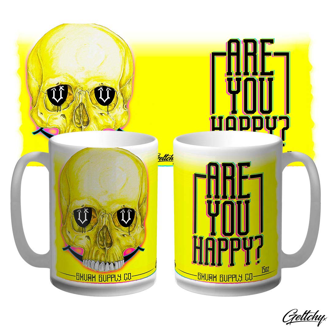 SMVRK Supply Co | Large 15oz HAPPY? Smiley Skull Yellow Illustrated Unique Coffee Mug