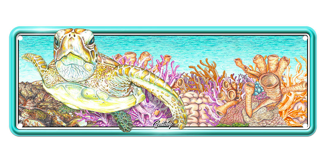 Geltchy | Sea Turtle and Reef Car Number Plate, an Aussie-themed Australian novelty license plate sign designed and proudly made in Australia